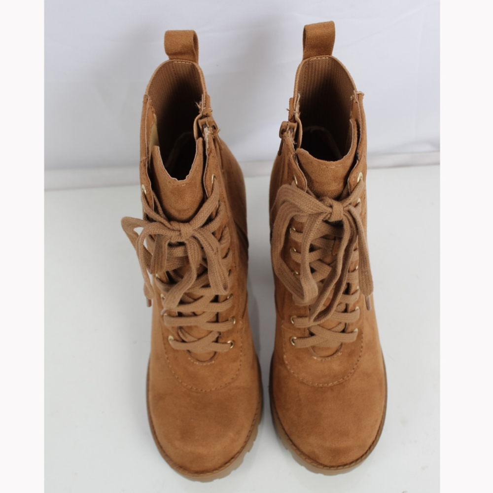 Size 9 Tan Faux Suede Lace Up Stacked Block Heel - Picture 4 of 8